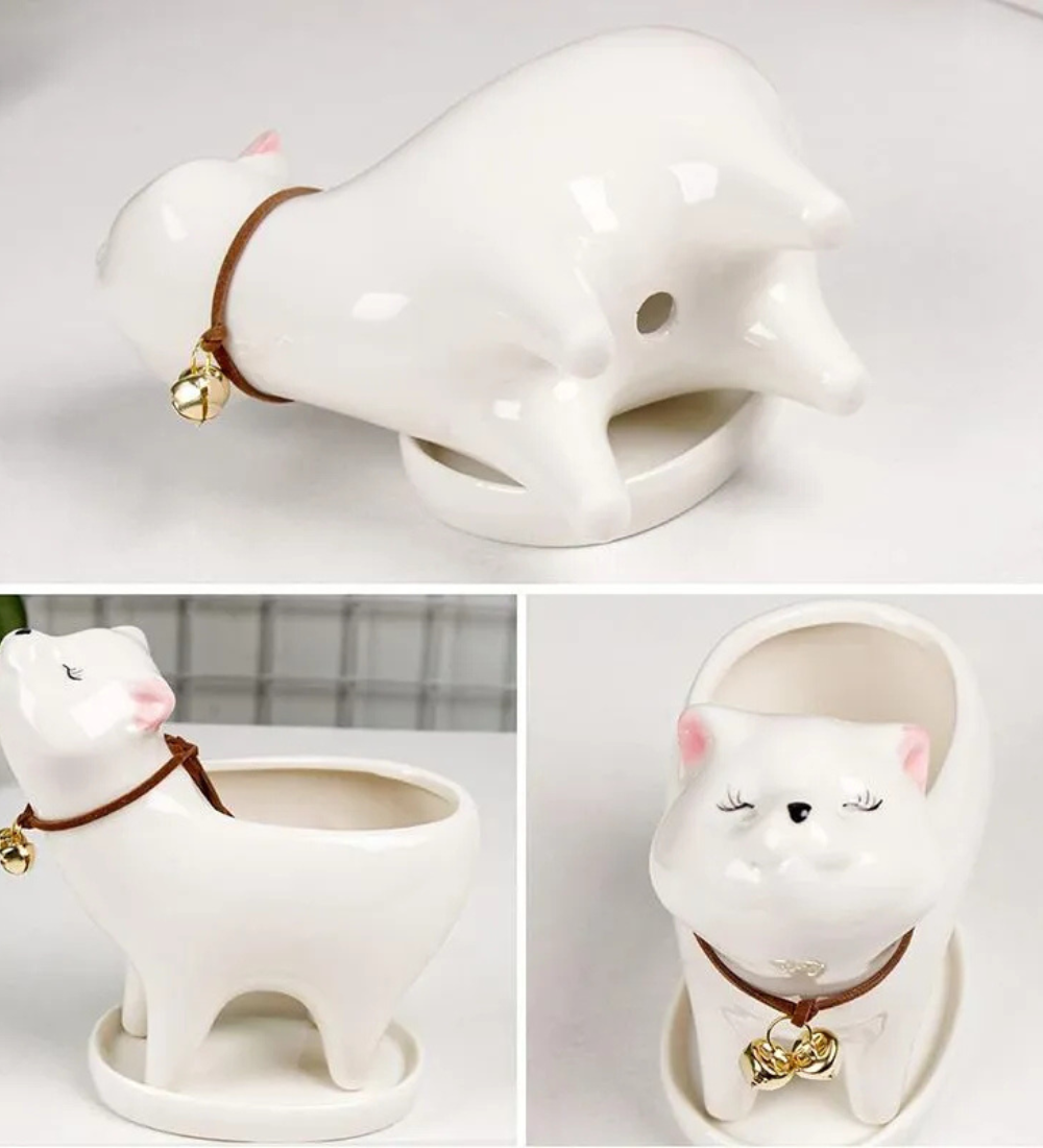 Pot de fleurs blanc en forme de chat