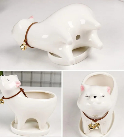 Pot de fleurs blanc en forme de chat
